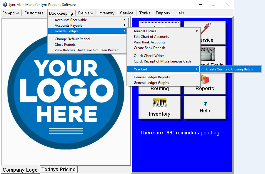 screenshot of create year end closing batch menu option