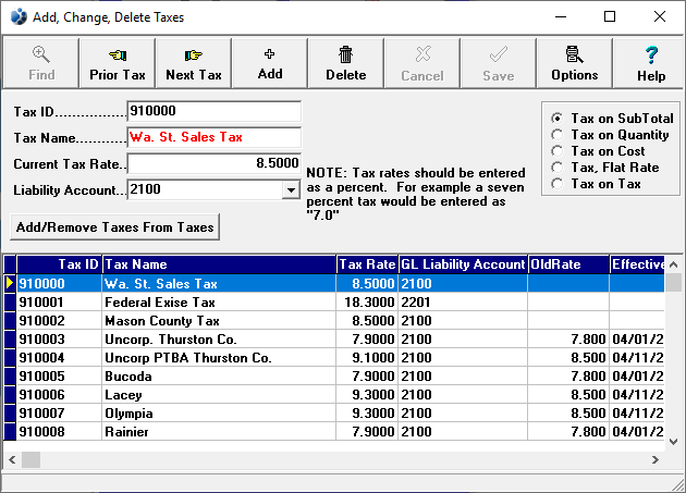 Add, Change, Delete Taxes window