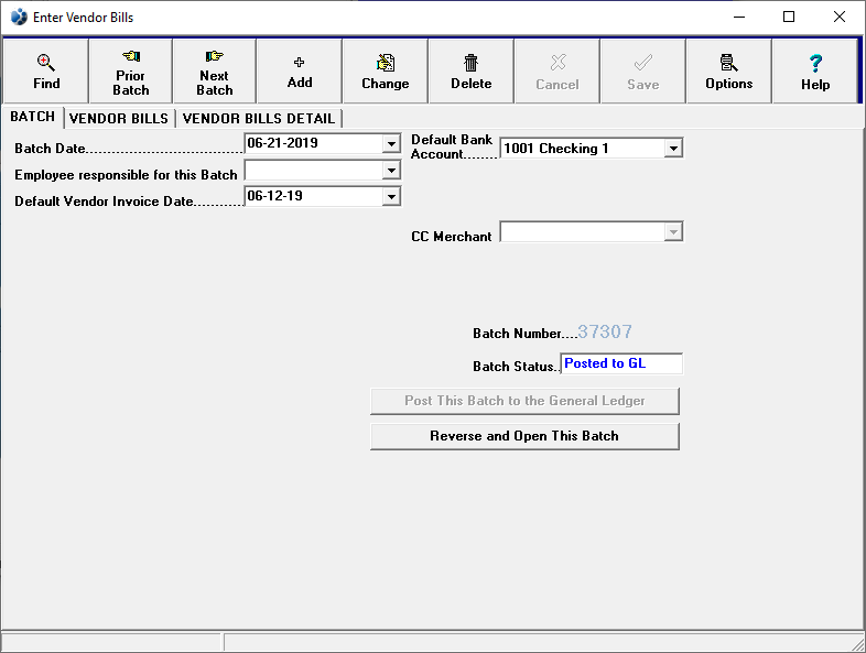 screenshot of enter bills batch window