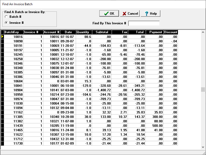 find an invoice batch by batch number screen
