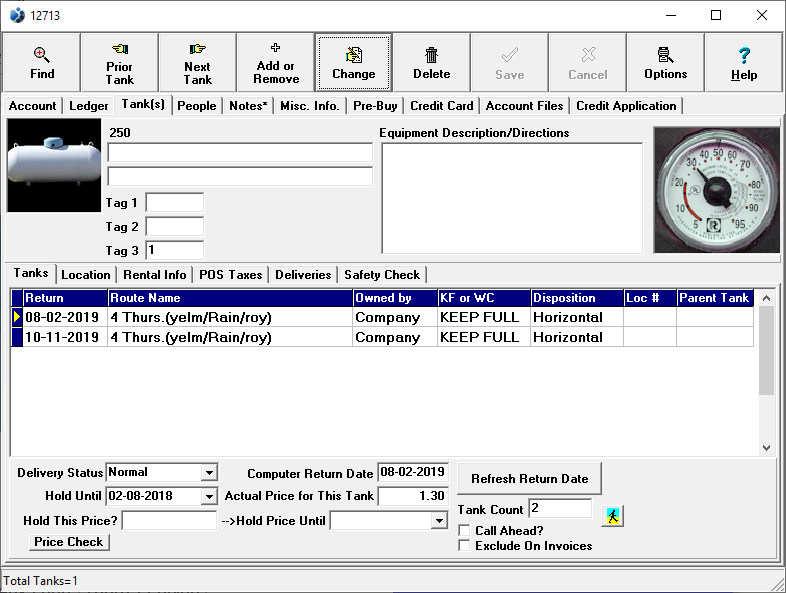 Tank Information on Account
